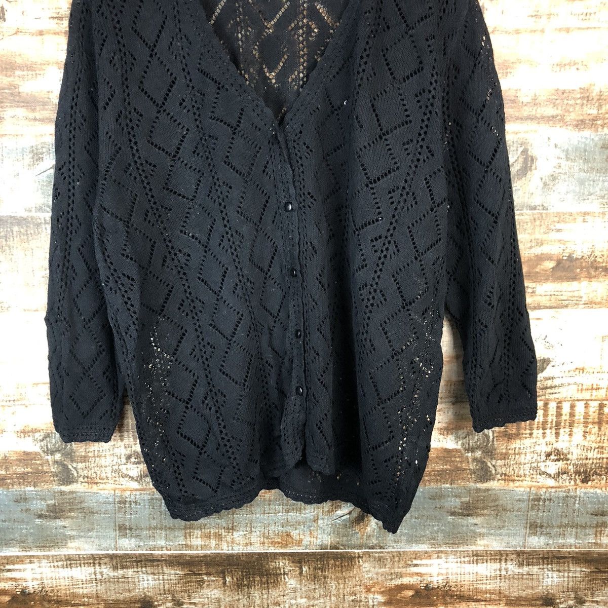 Homespun Knitwear × Japanese Brand Blue Mountain Black crochet meshnet Cardigan Knitwear #A1644 Size L / US 10 / IT 46 - 6 Thumbnail
