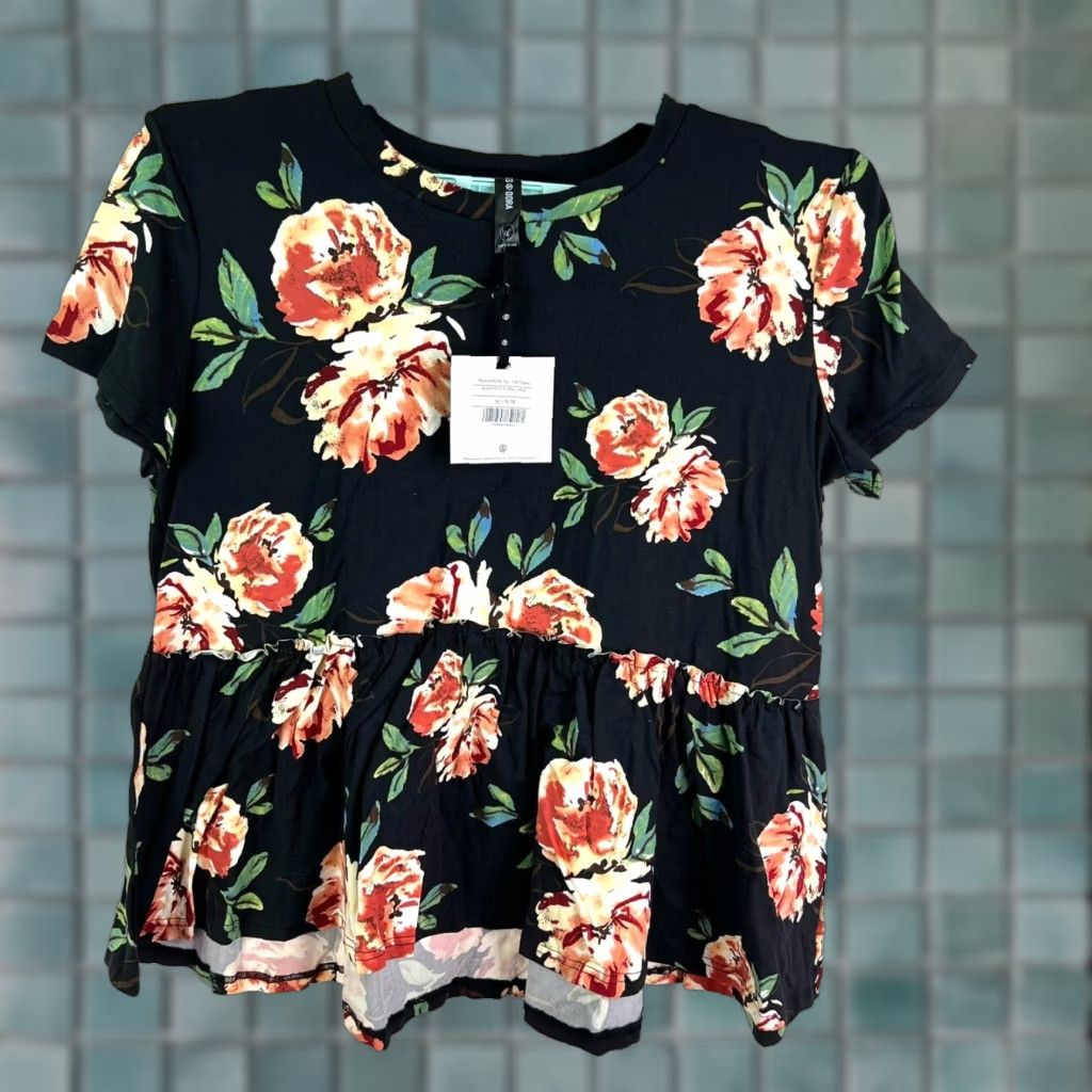 Vintage Agnes & Dora Relaxed Floral Top Womens XL Black NWT Ruffle Flutter Sleeve Round Neck Blouse Tunic Short Sleeve Size XL / US 12-14 / IT 48-50 - 1 Thumbnail