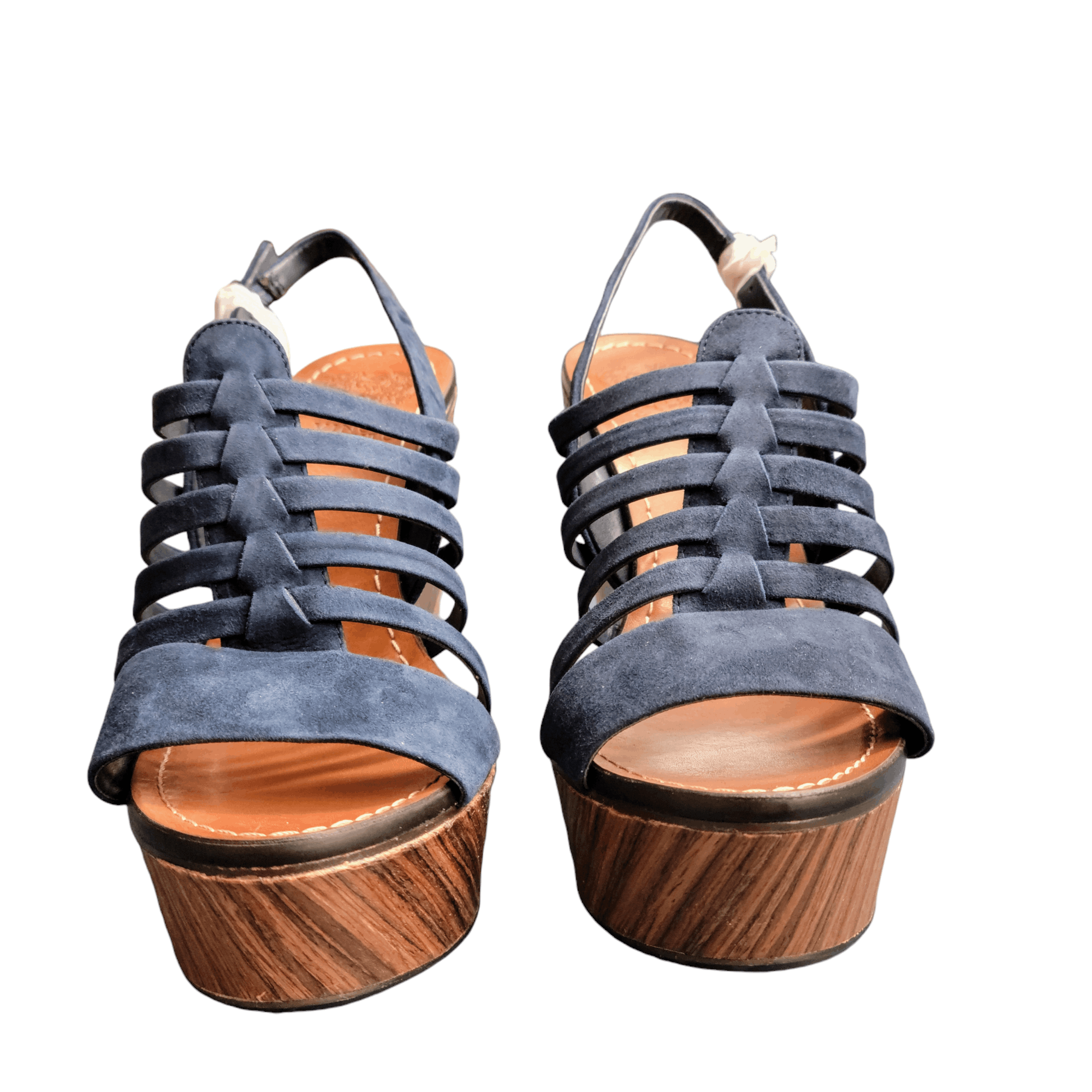 Vince Camuto Vince Camuto Blue Suede Chunky Wooden Patchwork Heel Shoes Size US 8 / IT 38 - 2 Thumbnail