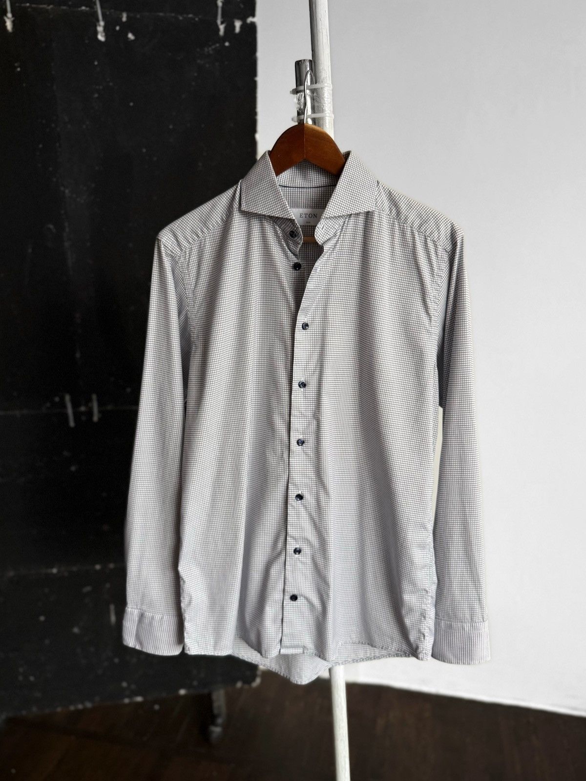 Eton Eton Mens White Black Micro Check Slim Fit Dress Shirt Size US S / EU 44-46 / 1 - 1 Thumbnail