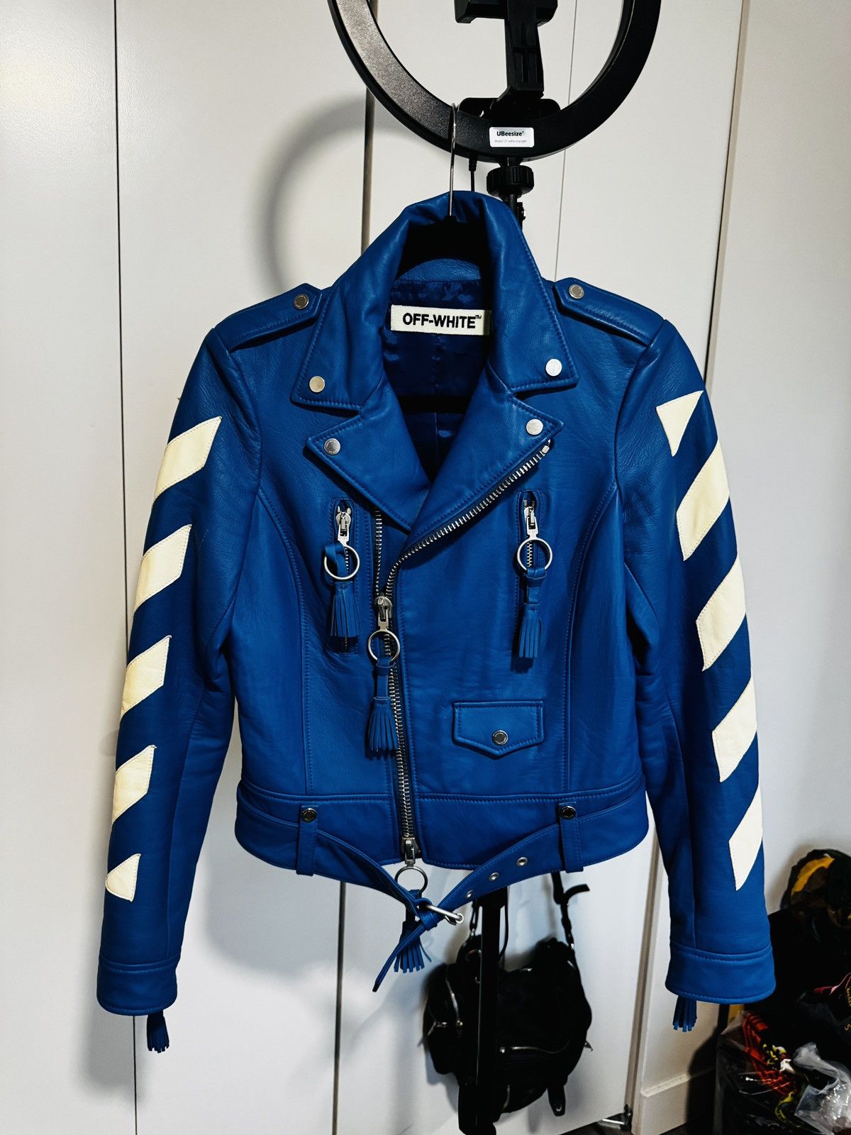 Off-White Off-White Panelled Blue Leather Biker Jacket Size S / US 4 / IT 40 - 1 Thumbnail