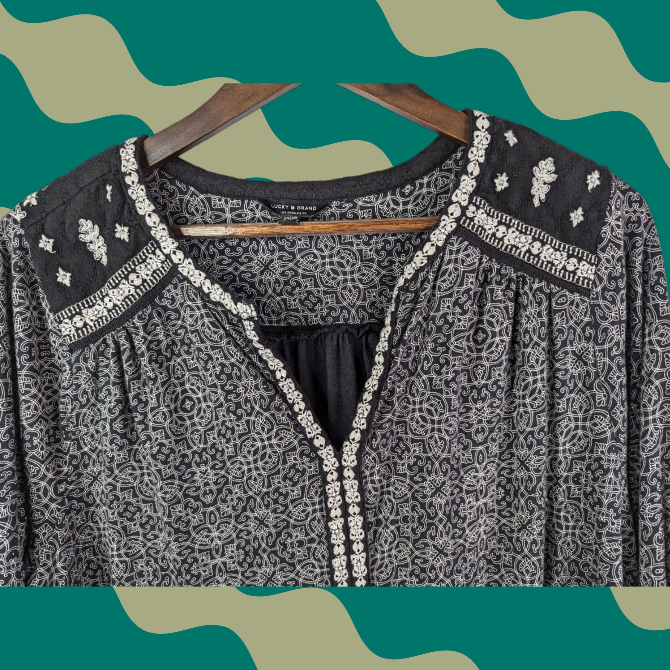 Lucky Brand Lucky Brand Boho Blouse Shirt 2X Multicolor Black White Embroidered Long Sleeve V-Neck Geometric Boho 90s Womens Size XXL / US 16-18 / IT 52-54 - 1 Thumbnail