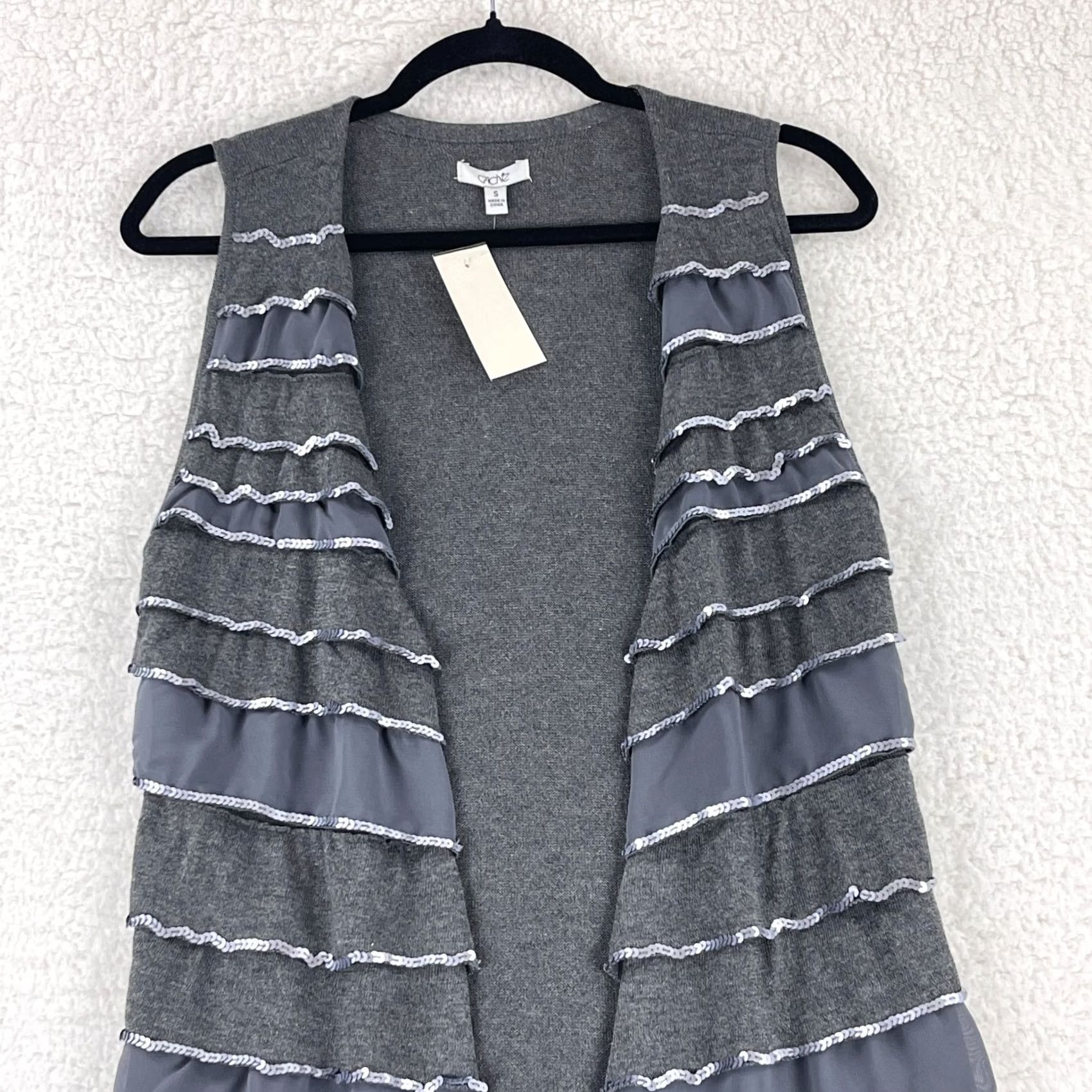 Vintage Cache Cardigan Womens S Gray Sequin Lace Tiered Open Front Sleeveless New Size S / US 4 / IT 40 - 2 Thumbnail