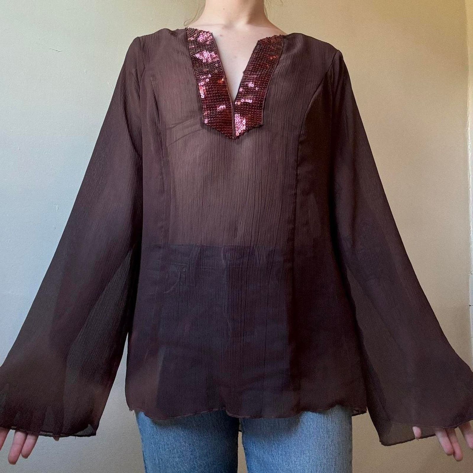 Vintage Vintage Soulmates Sheer Brown Sequined Blouse Small Size S / US 4 / IT 40 - 2 Thumbnail