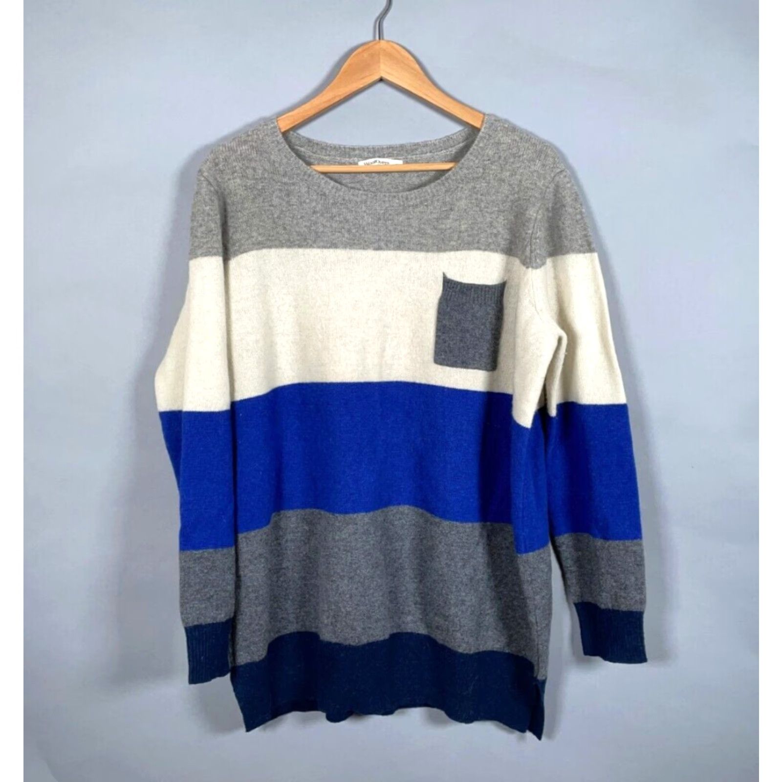 Vintage Woolovers Sweater - Striped Pocket Knit - Blue Ivory - Women's XL - 100% Wool - Crew Neck - Machine Washable - 90s Preppy Size XL / US 12-14 / IT 48-50 - 2 Thumbnail