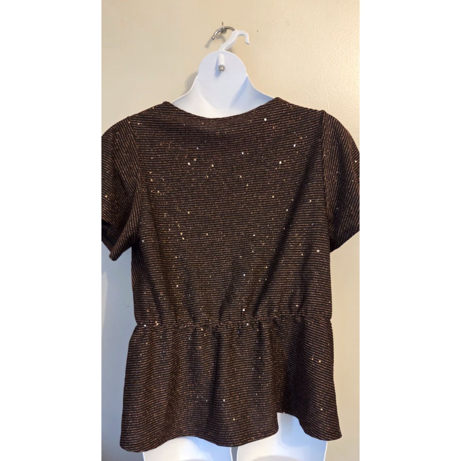 Vintage Lane Bryant Blouse Shirt Wrap Textured Stripe Black Copper Fitted Waist Plus 18 Womens Size XXL / US 16-18 / IT 52-54 - 2 Thumbnail