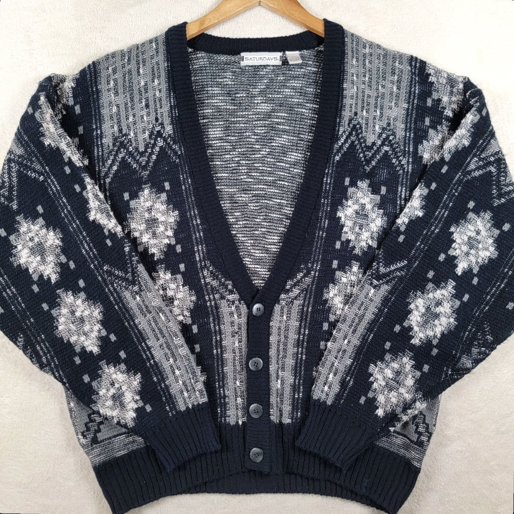 Saturdays NYC VINTAGE SATURDAYS Cardigan Mens XL Tribal Aztec Black White 90s Geometric Knit Sweater Size US XL / EU 56 / 4 - 2 Thumbnail