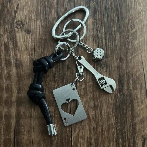 Jewelry Black Leather Knot Keychain with Metal Wrench & Dice Charms Size ONE SIZE - 3 Thumbnail