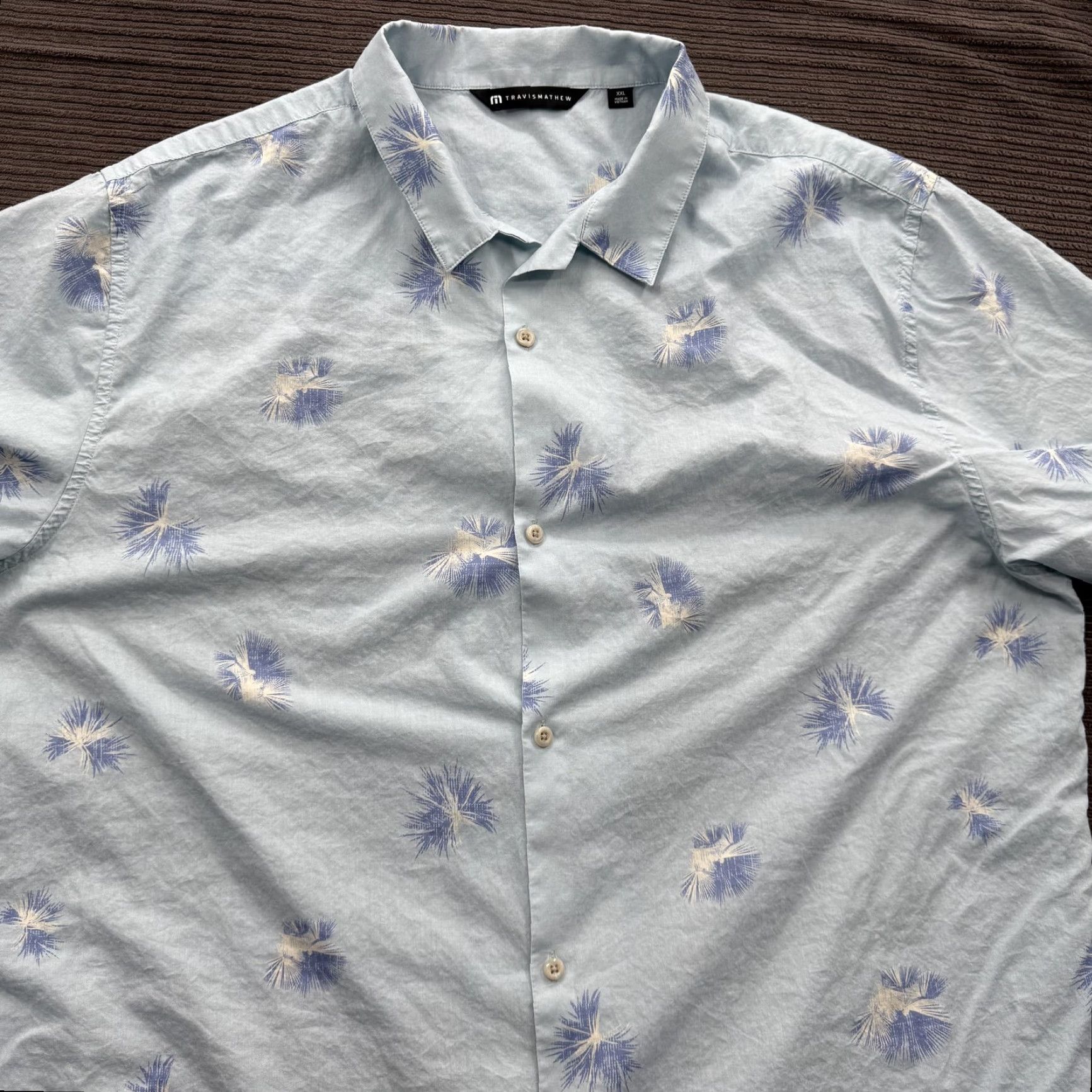 TravisMathew TravisMathew Shirt Mens 2XL Blue Palm Tree Print Button Up Short Sleeve Casual Size US XXL / EU 58 / 5 - 8 Thumbnail