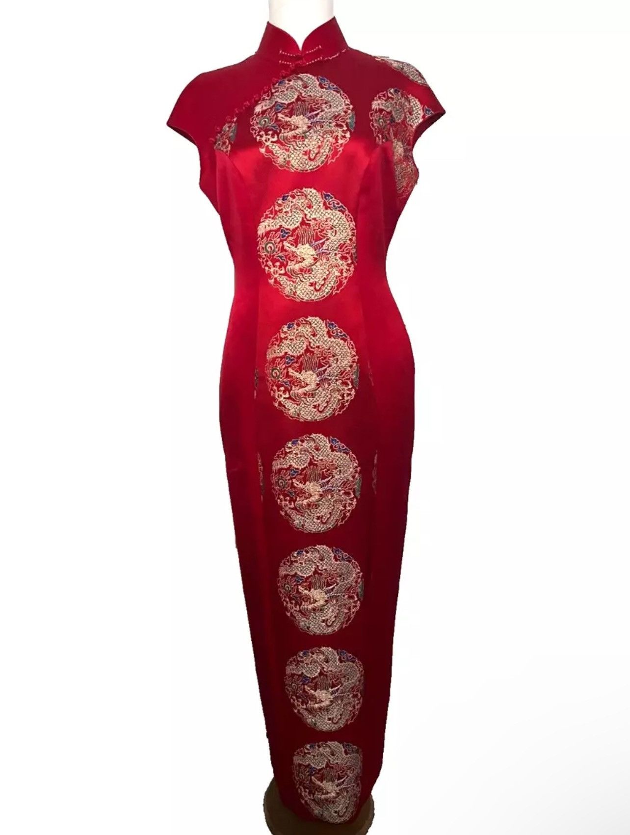 Other CUSTOM Womens China QIPAO/CHEONGSAM Long Red&Gold REAL SILK Size S / US 4 / IT 40 - 1 Thumbnail