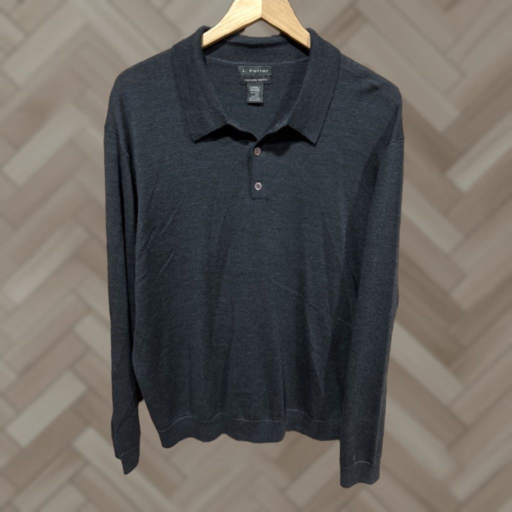 Vintage J Ferrar Mens L Pullover Collared Polo Sweater 100% Merino Wool Gray Large Size US M / EU 48-50 / 2 - 1 Thumbnail
