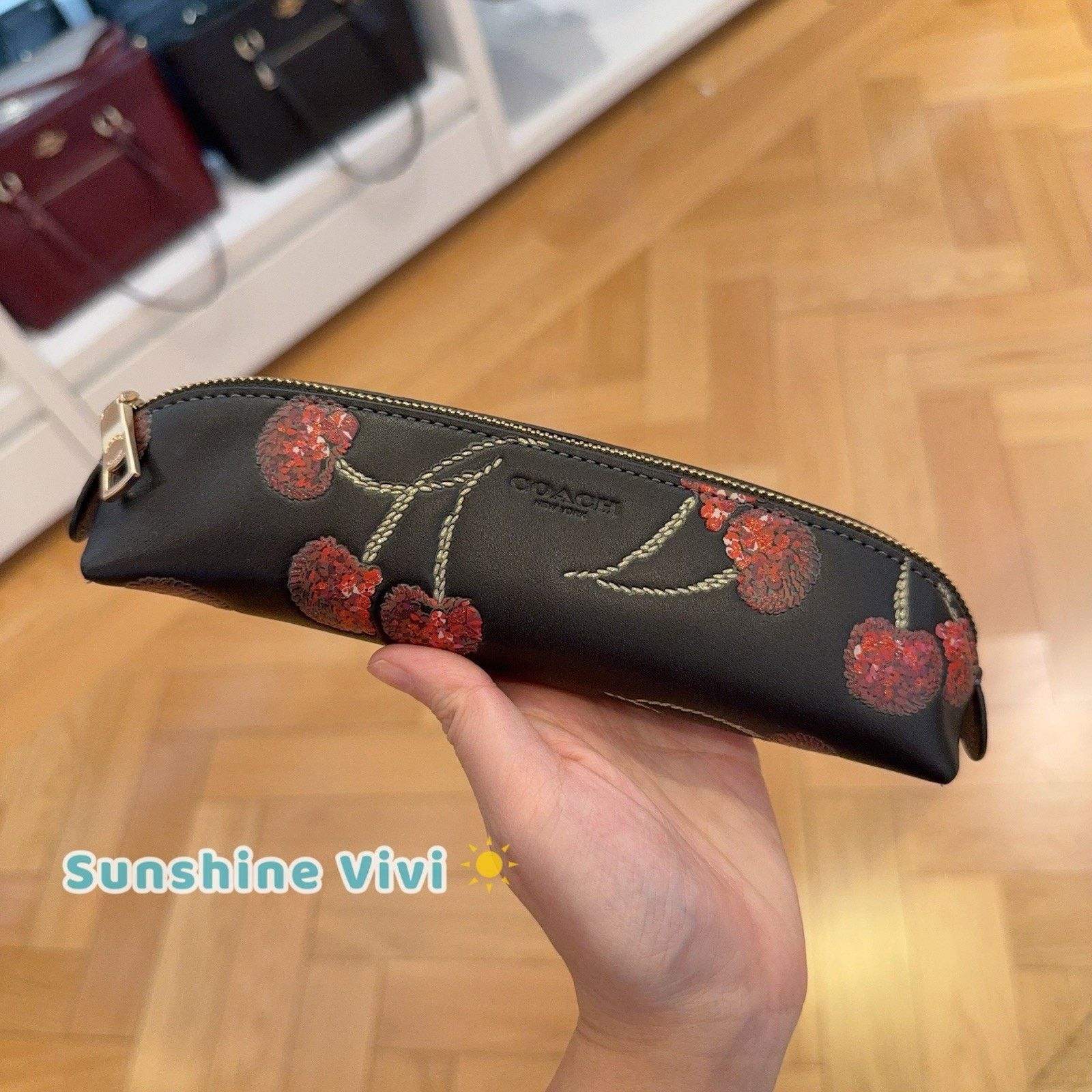 NWT Coach Pencil Case with Cherry Print CDC00 Gold/Black