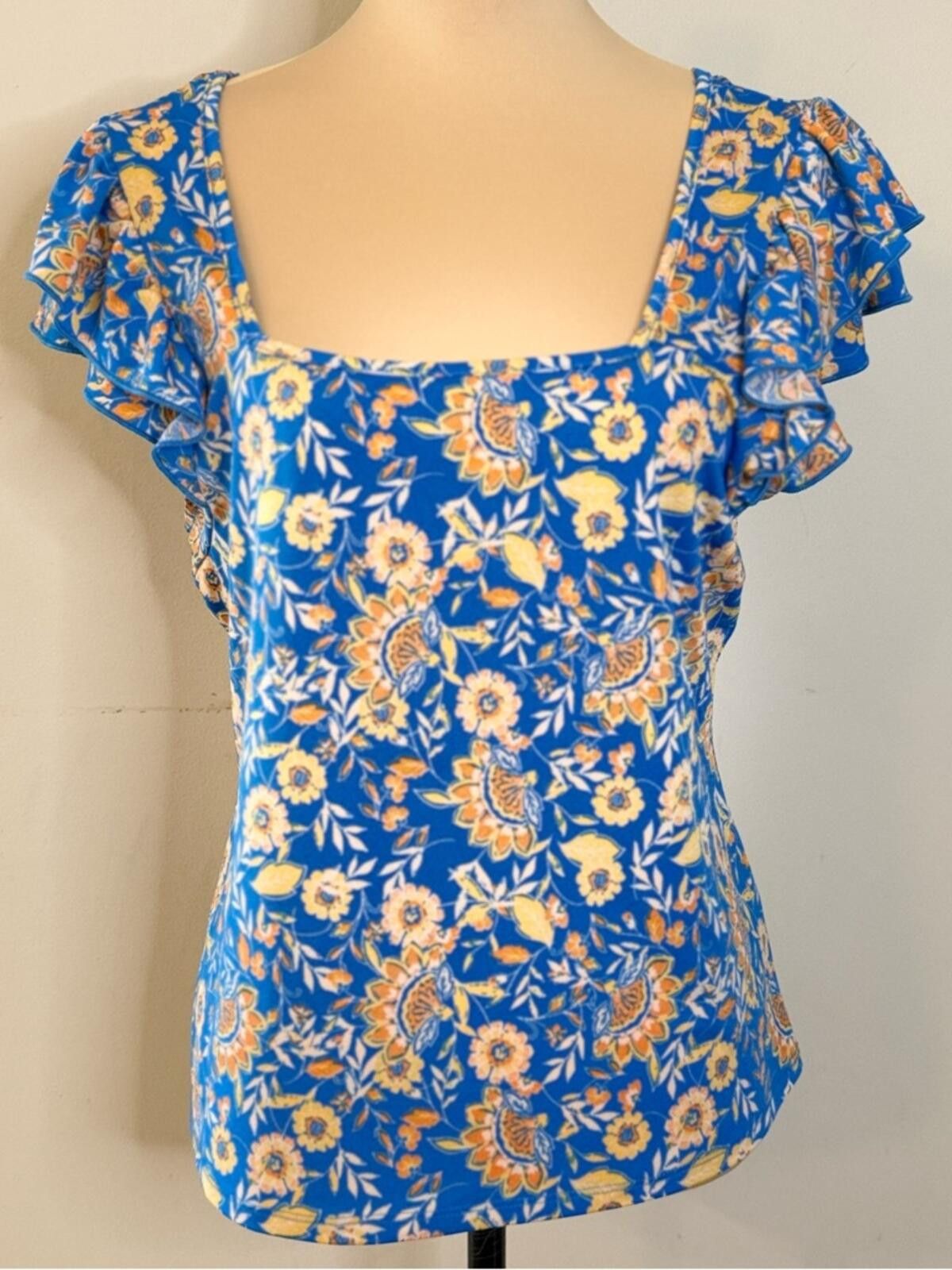 L'Eclaireur Eclair blue & yellow floral top short ruffled sleeves SZ LG Size L / US 10 / IT 46 - 1 Thumbnail