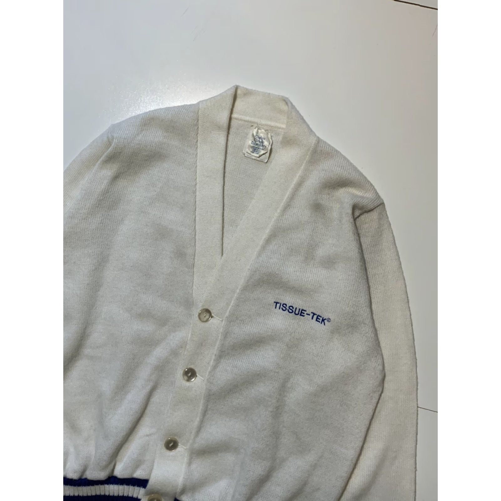 Vintage VINTAGE 70s 80s Tissue-Tek Lab Acrylic Knit Custom Chenille Embroidery Cardigan Sweater XL White/Blue Stripe Dallas Chest 52in Pit to Pit 26in 28in Size US XL / EU 56 / 4 - 3 Thumbnail
