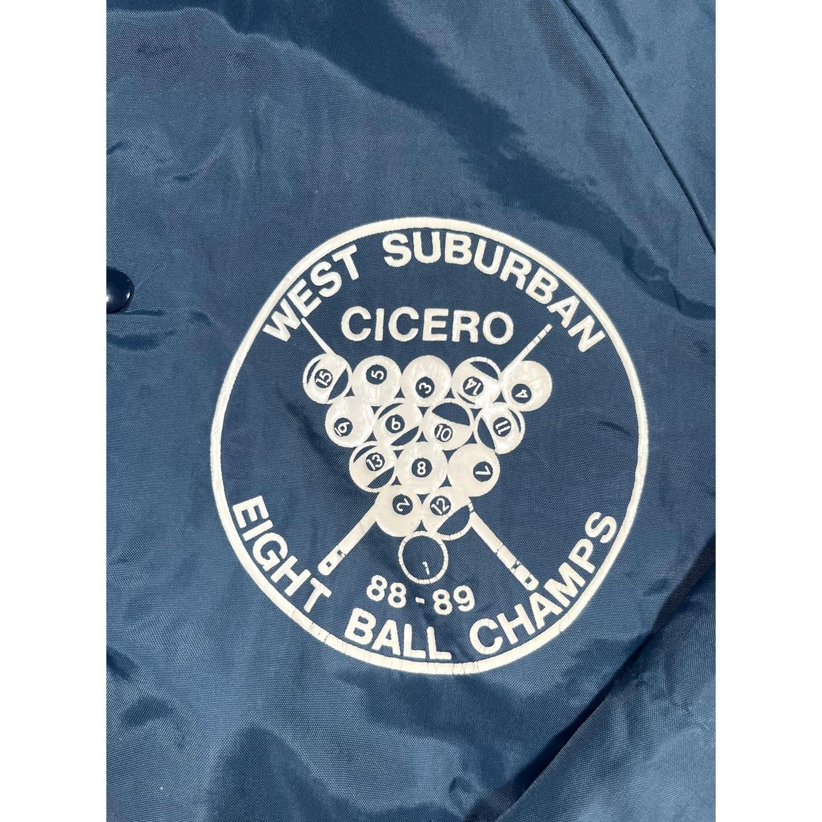 Holloway VINTAGE Holloway Jacket Mens L Blue Satin Varsity Eight Ball Champs 80s USA Nylon Quilted Lined Snap Front Sports Size US L / EU 52-54 / 3 - 4 Thumbnail