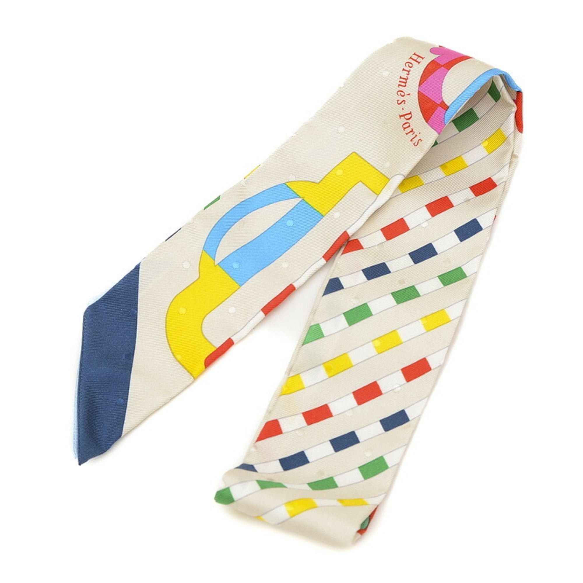 image of Hermes Twilly Scarf Modern Buckle Bouclerie Moderne Blue Rouge 100% Silk, Women's