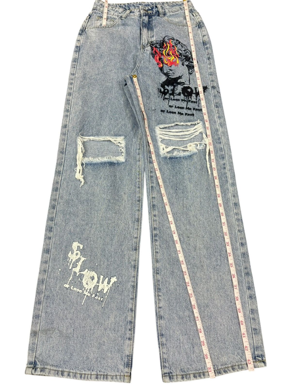 Shein Vintage Shein Flaming Jesus Printed Distressed Baggy Jeans Size 26" / US 2 / IT 38 - 11 Thumbnail