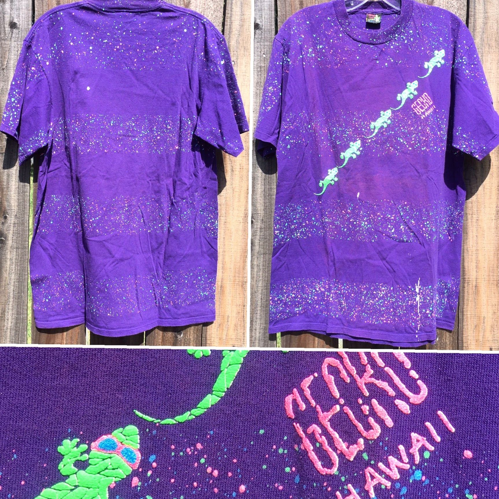 Vintage VINTAGE Gecko Hawaii T-Shirt Mens L Purple Neon Graphics Happy Shirts Geckos Puff Paint 80s 90s Neon Splatter Striped Animals Hawaiian Size US L / EU 52-54 / 3 - 7 Thumbnail