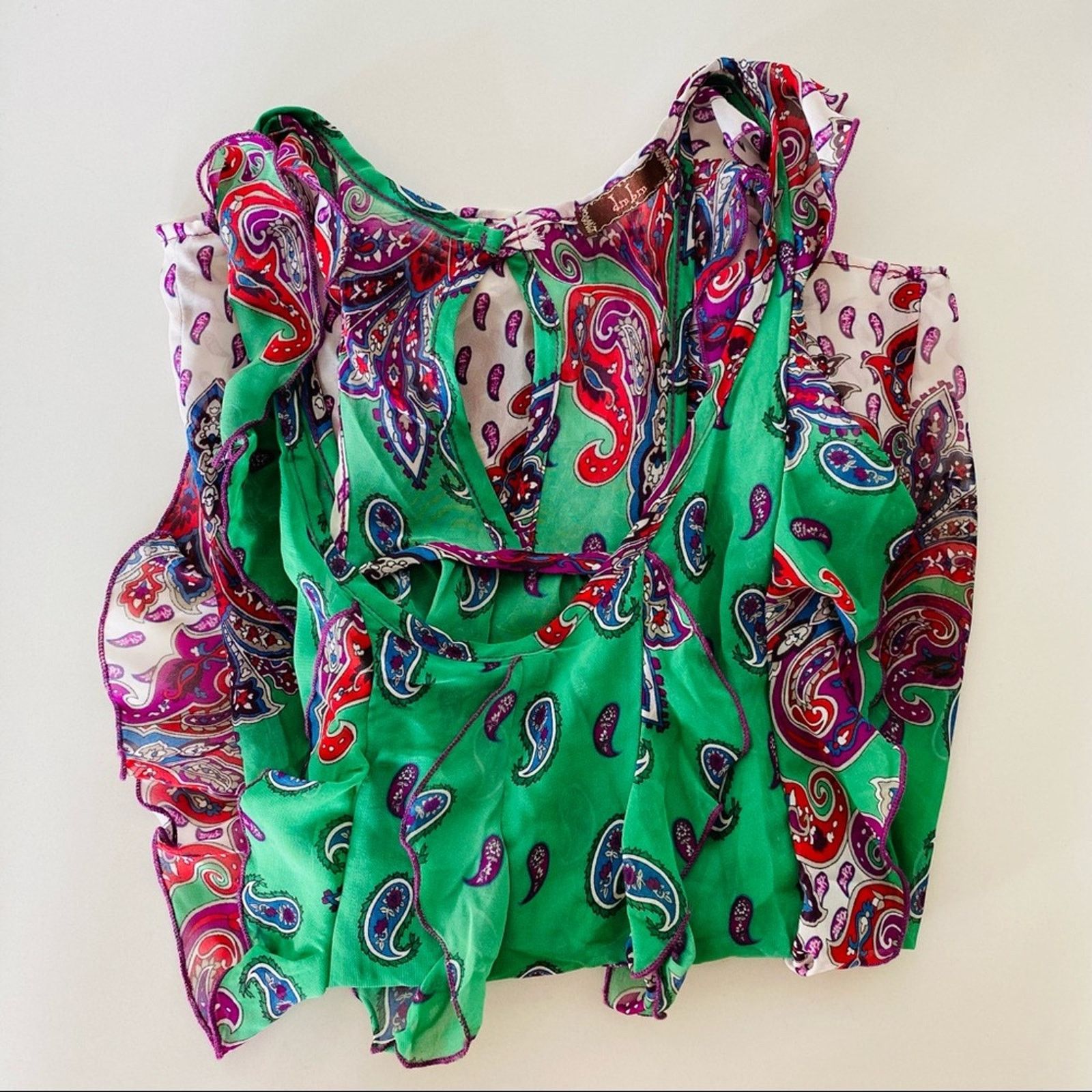 Vintage VINTAGE Green Purple White Ruffle Print Sheer Tank Blouse Size L / US 10 / IT 46 - 4 Thumbnail