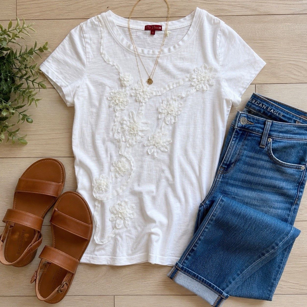 Other Po Pori White 3D Floral Appliqué Tee Boho Cotton Top S Size S / US 4 / IT 40 - 1 Thumbnail