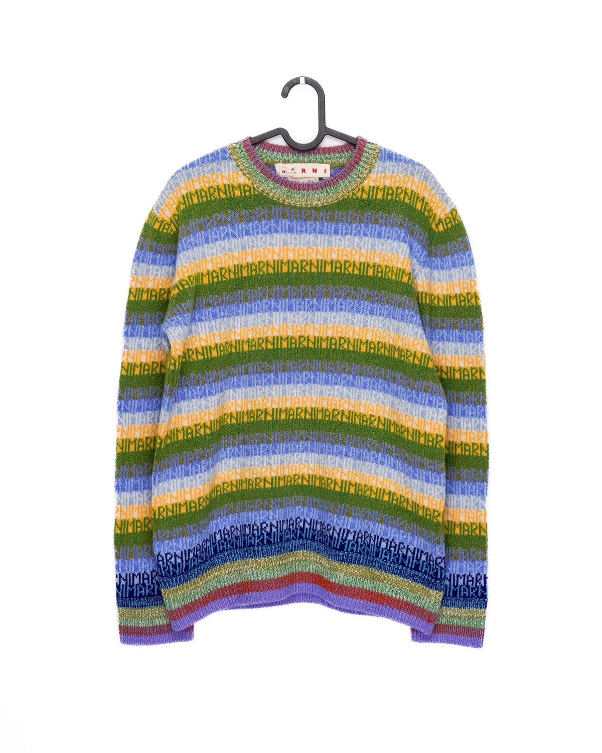 image of Marni Striped Logo Knit Multicolor Wool Crew Sweater in Green, Men's (Size Small)