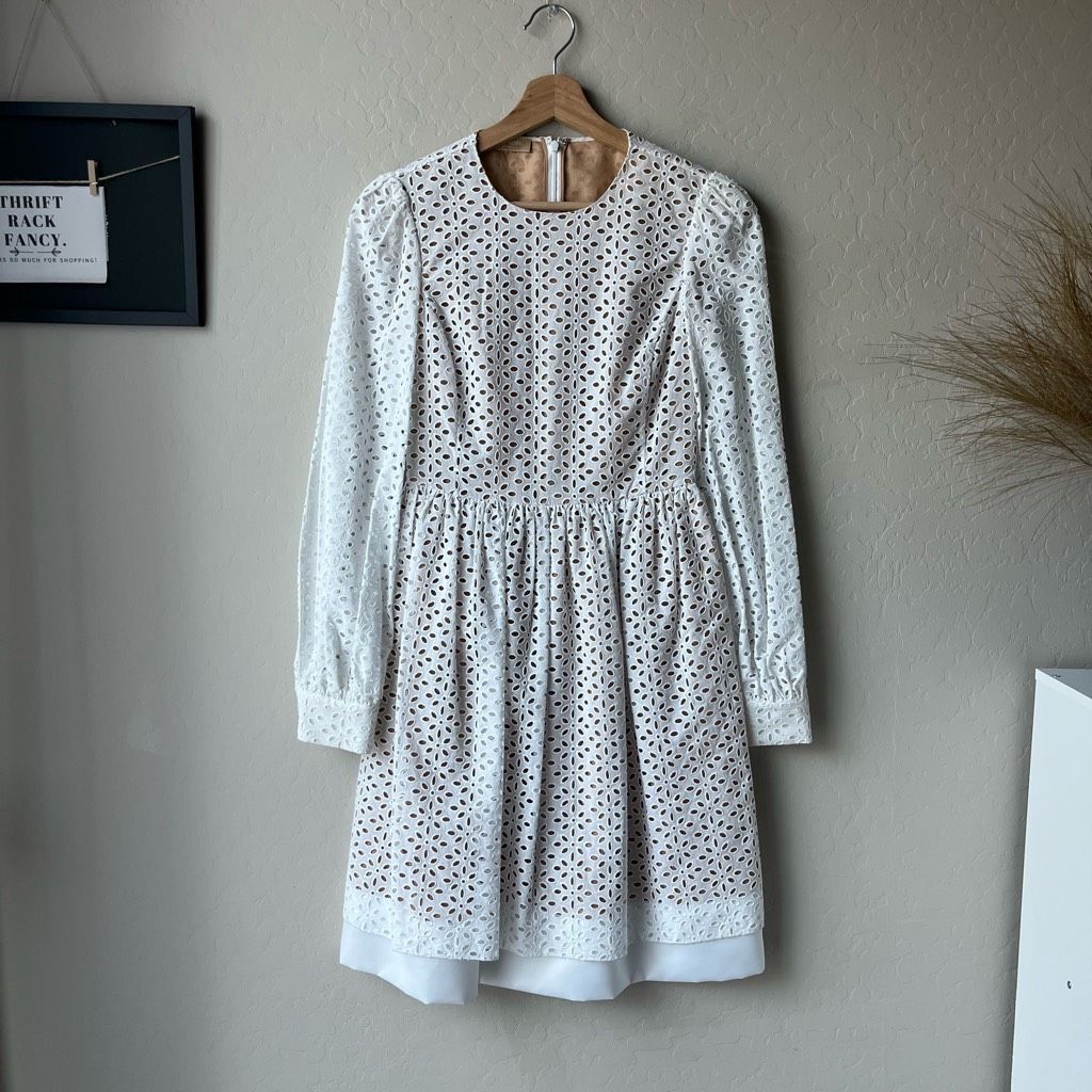 Michael Kors Collection White Eyelet Long Sleeve Knee Length