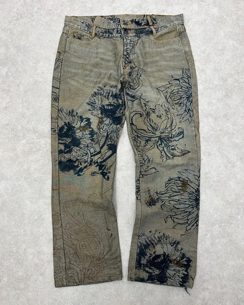 Roberto Cavalli 2000s Cavalli Grey Floral Denim Jeans Size US 31 - 1 Thumbnail