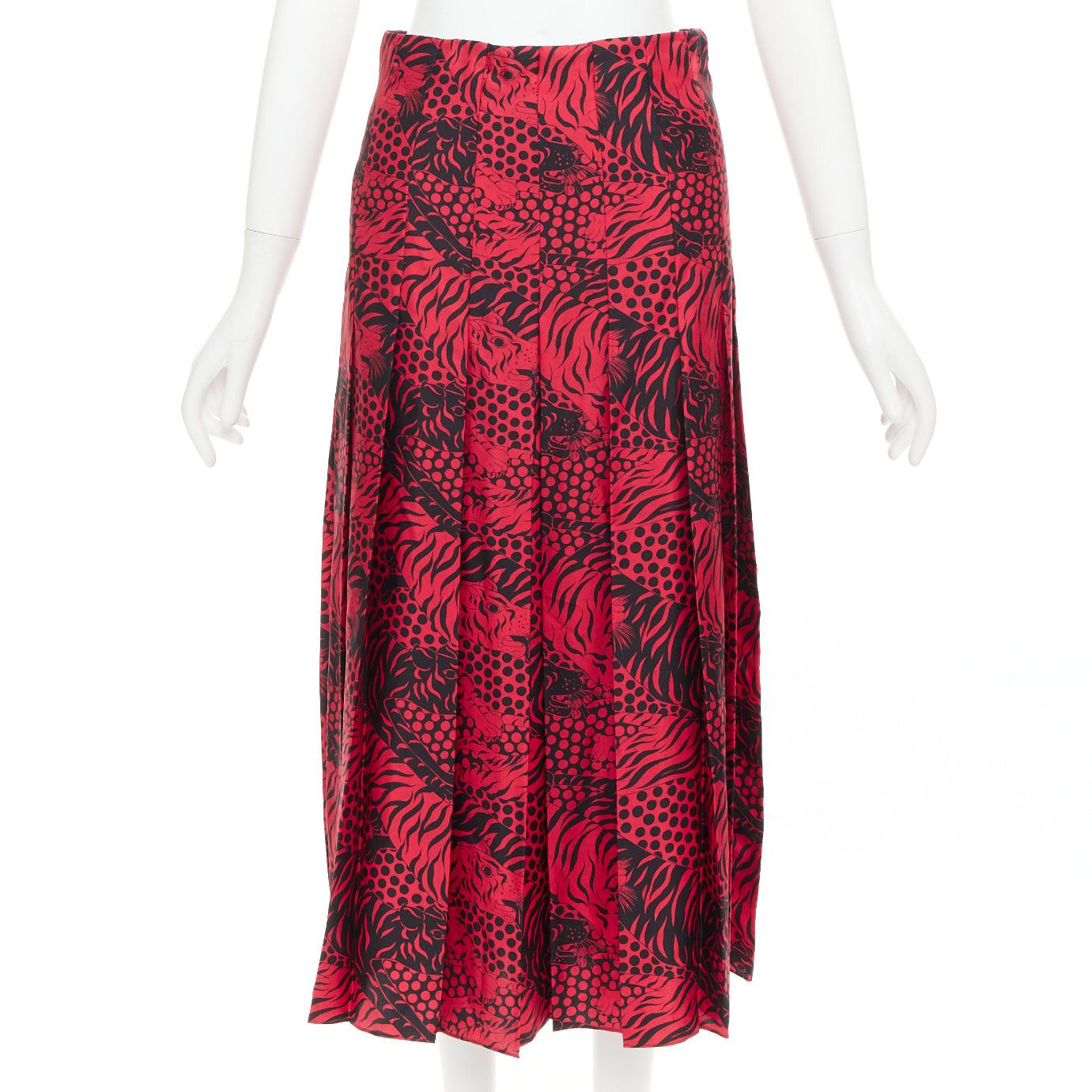 Gucci GUCCI 2018 Michele black red 100% silk tiger print pleated midi skirt IT38 XS Size 26" / US 2 / IT 38 - 1 Thumbnail