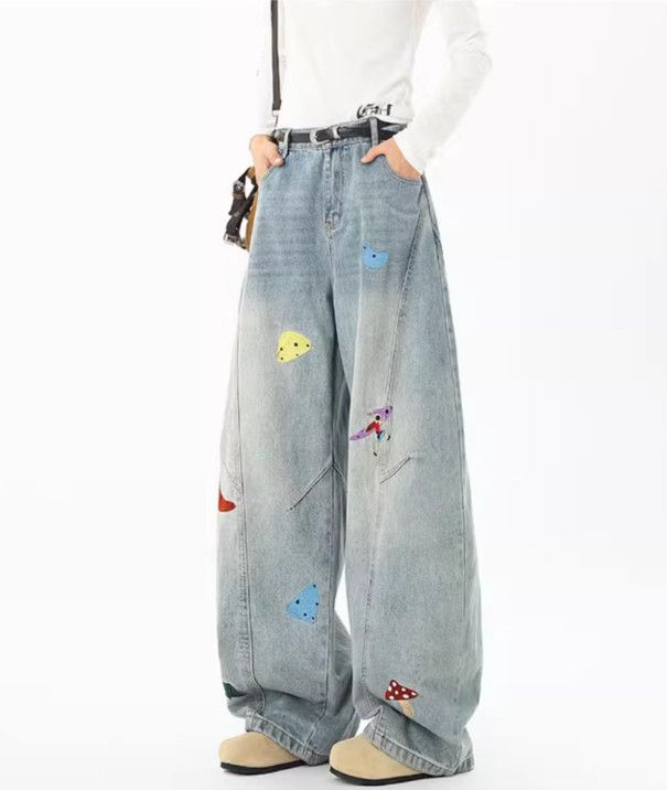 Jean High-street fun embroidered curved blade patchwork jeans Size US 32 / EU 48 - 4 Thumbnail