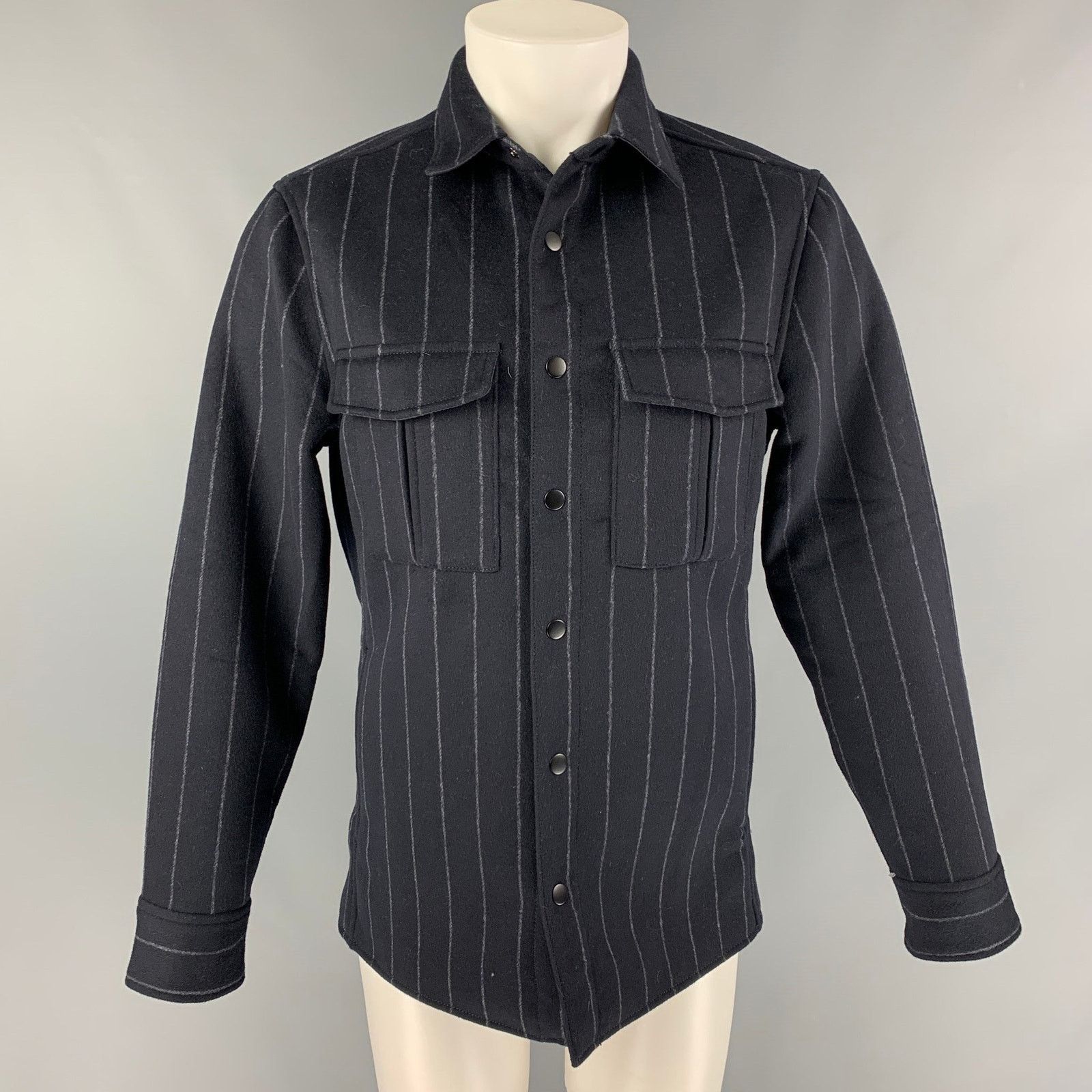 CALIBRATE S Navy Grey Chalkstripe Wool Blend Snaps Jacket