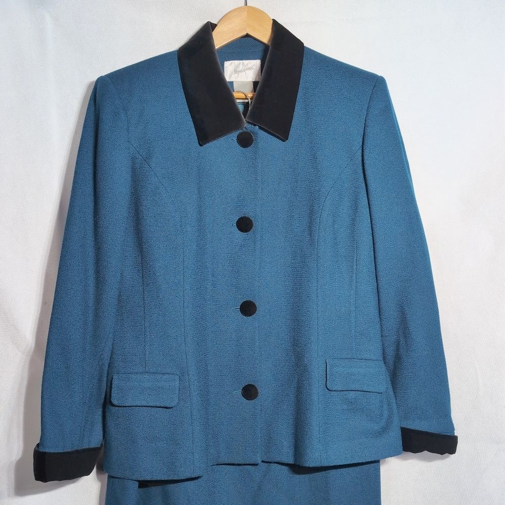 Other Vintage Jacqueline Ferrar Blue Green Wool Suit with Black V Size 40" / US 18 - 3 Thumbnail