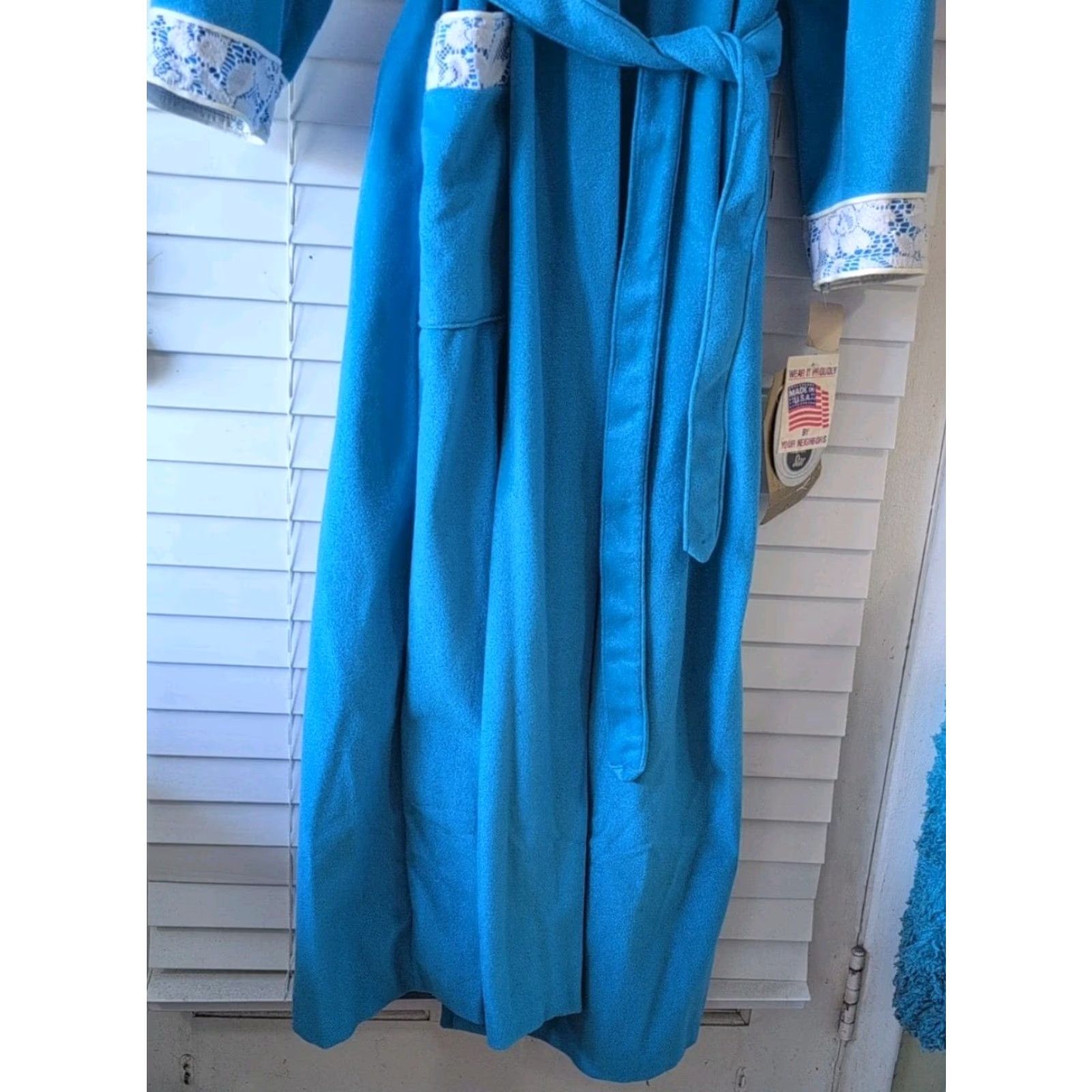 Vintage VINTAGE Guilford Mills Women's Loungewear Robe M Blue Belt Closure White Trim Long Size ONE SIZE - 5 Thumbnail