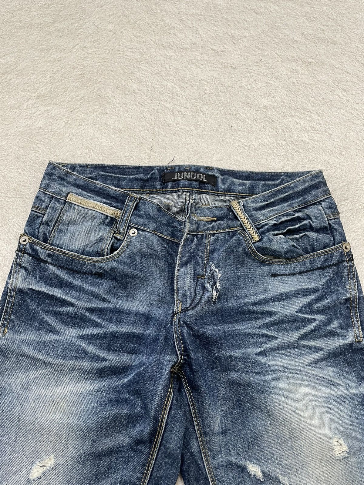 Japanese Brand 2000s Jundol raw Denim Heavy Distressed Midwash Hysteric Y2K Size US 27 - 6 Thumbnail