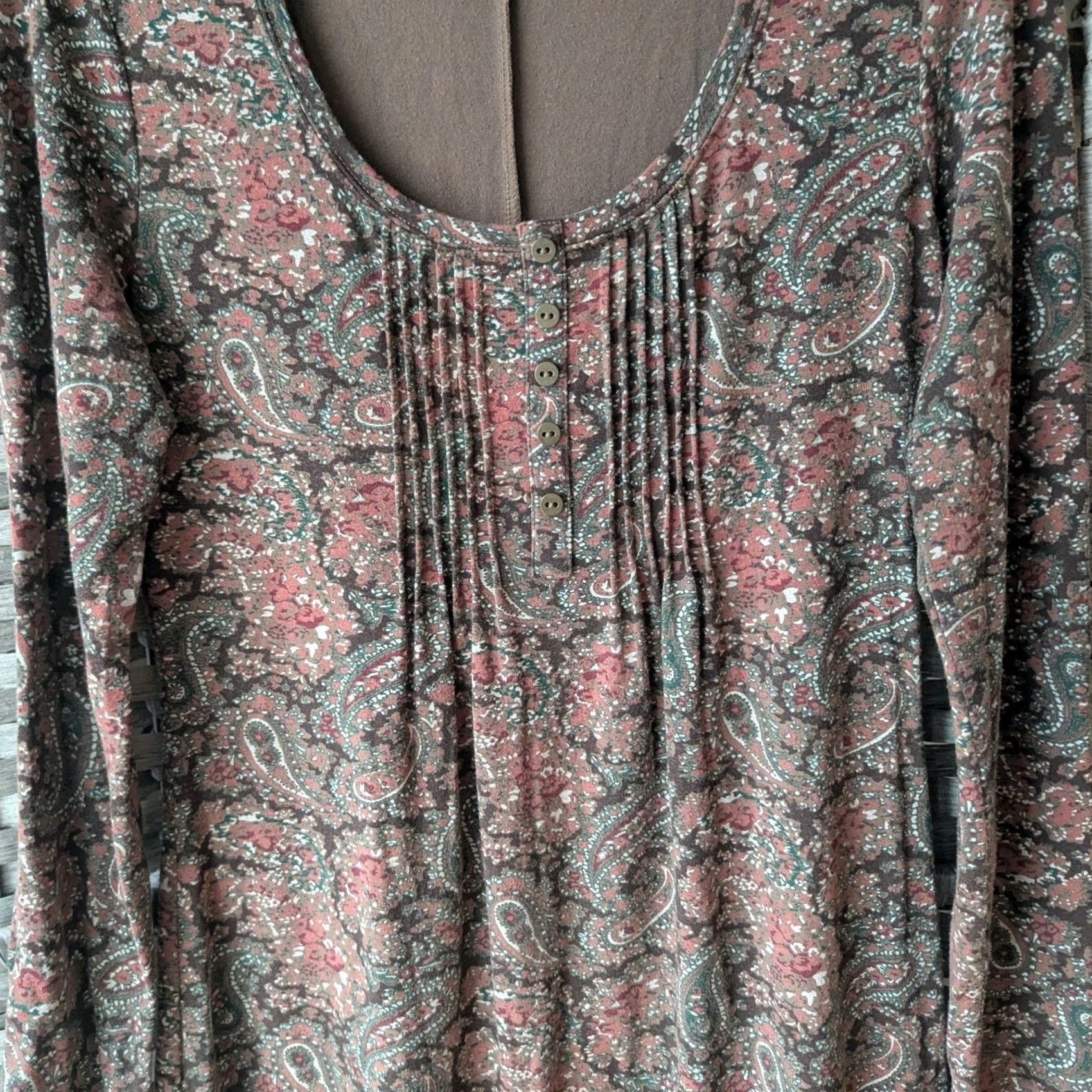 Vintage Peruvian Connection Dress Brown Paisley Long Sleeve Boho Soft Comfy Stretch Med Size M / US 6-8 / IT 42-44 - 3 Thumbnail