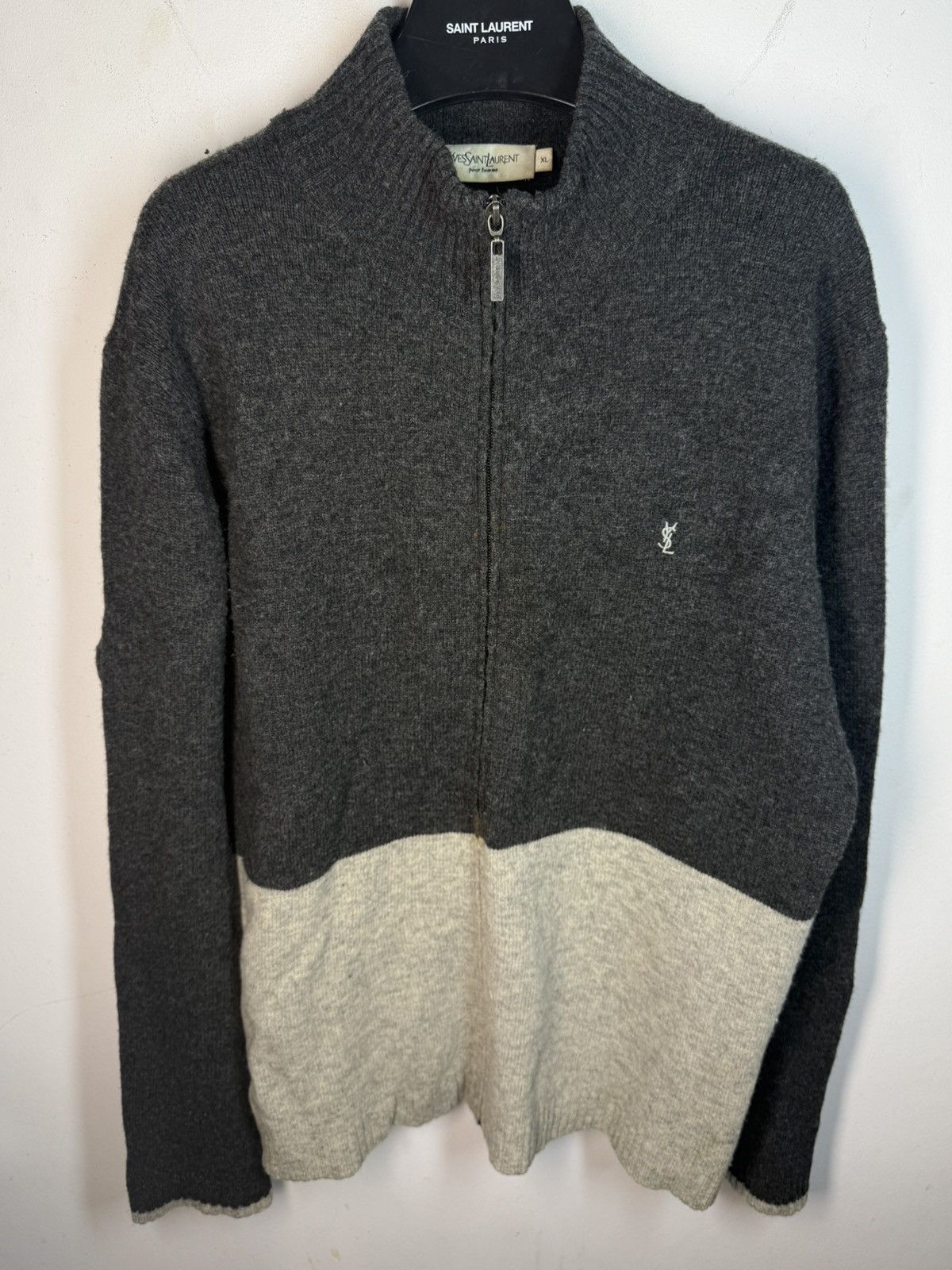 Yves Saint Laurent Wool YSL Sweater Soft Zip Grey/Beige Knitted Vintage Size US XL / EU 56 / 4 - 2 Thumbnail