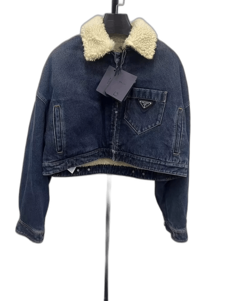 Prada Blue Cropped Collar Logo Jacket-yf Size US M / EU 48-50 / 2 - 1 Thumbnail
