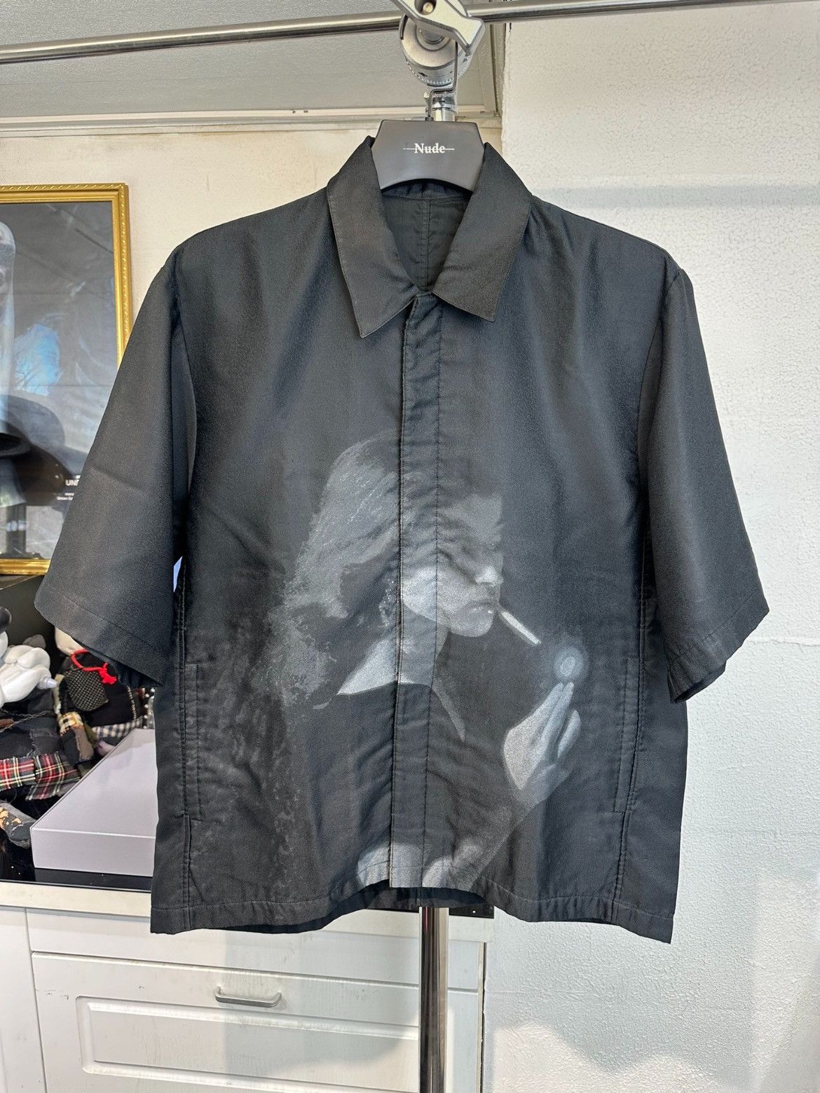 image of Undercover Smoking Girl Short Sleeve Shirt Jacket in Black, Men's (Size Large)