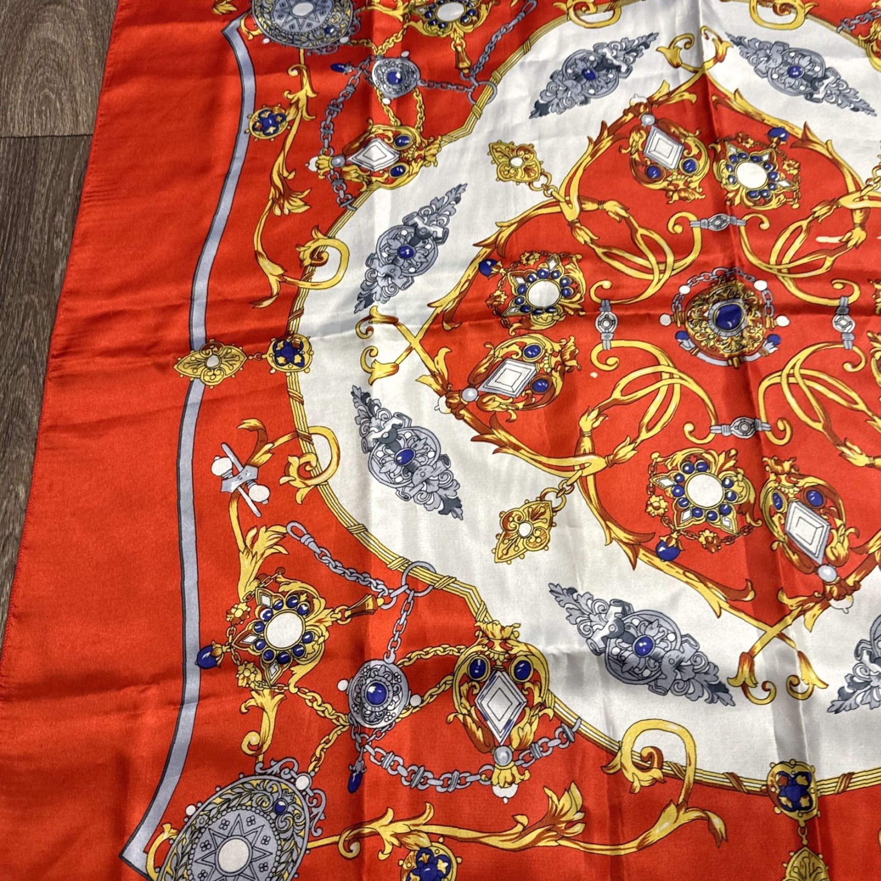 Vintage VINTAGE 90s Baroque Victorian Style Silky Red White Polyester Square Scarf Women's Red Square Scarf 33x35” Size ONE SIZE - 4 Thumbnail