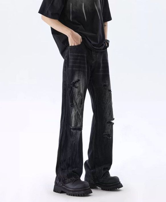 Japanese Brand Men's washed distressed straight leg ripped flared jeans Size US 32 / EU 48 - 3 Thumbnail