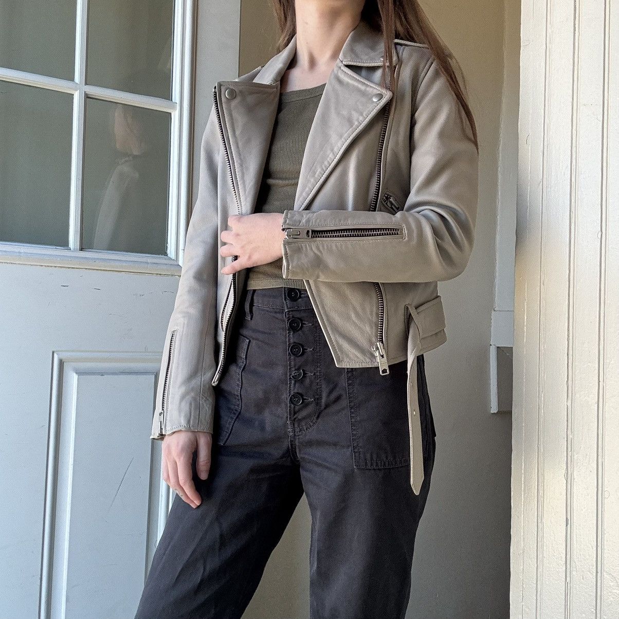 Allsaints AllSaints Balfern Moto Biker Leather Jacket Grey Size XS / US 0-2 / IT 36-38 - 3 Thumbnail