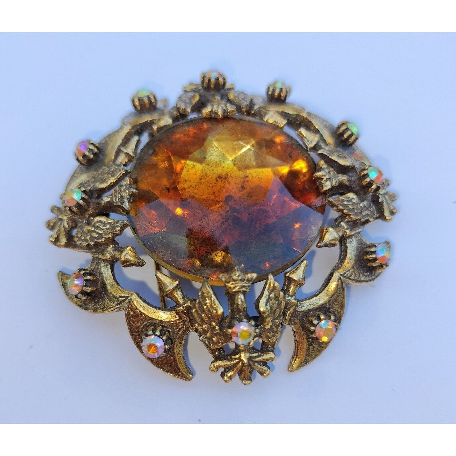 Vintage Florenza Brooch Cognac Faceted Glass AB Stones Coat Arms Pen Size ONE SIZE - 8 Thumbnail