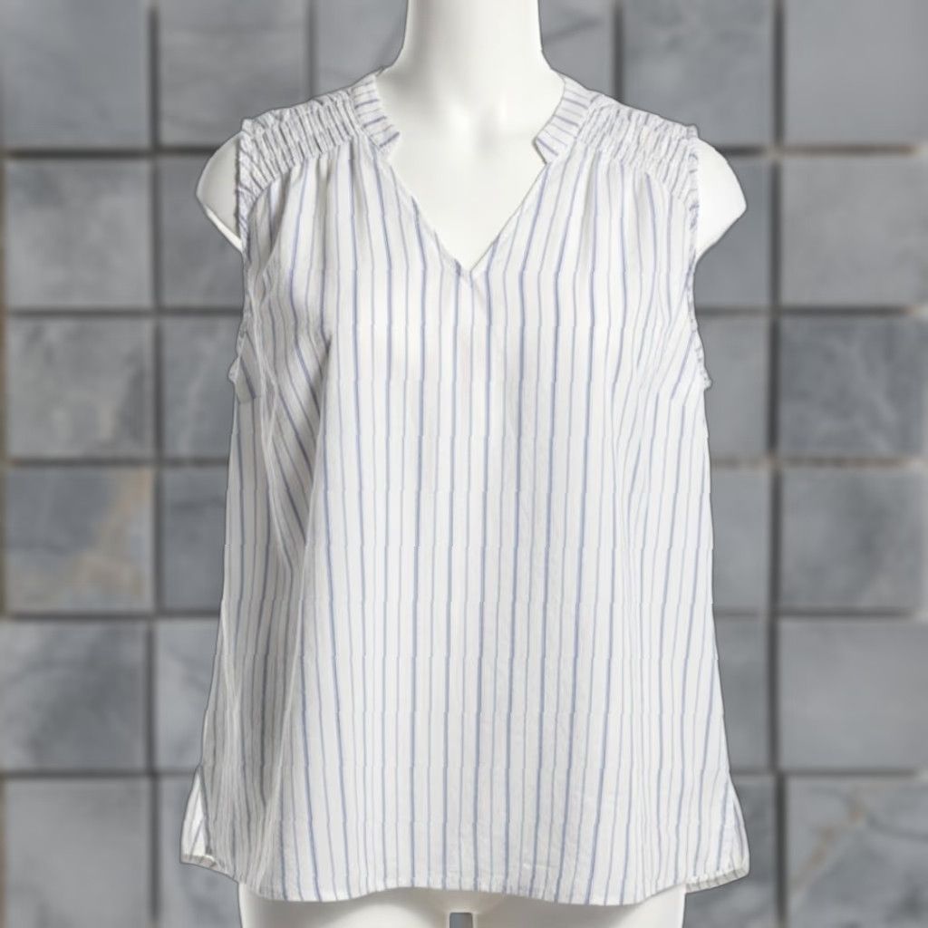 Vintage Lane Bryant Blouse Women Plus 18 Blue White Striped Sleeveless V Neck Ruffle Cotton Polyester Spandex Size XXL / US 16-18 / IT 52-54 - 1 Thumbnail