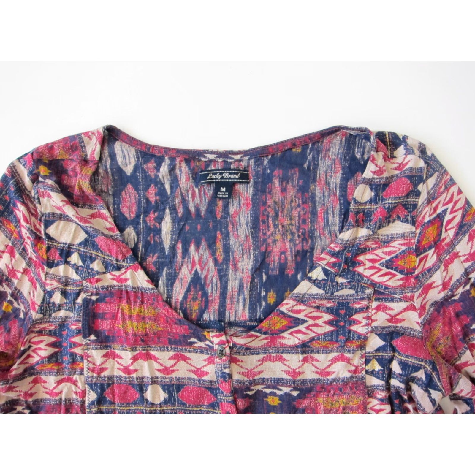 Lucky Brand VINTAGE Lucky Brand Blouse Shirt M Pink Blue Yellow 100% Rayon Button Down 3/4 Sleeve Tunic Batik Peasant Womens Size M / US 6-8 / IT 42-44 - 4 Thumbnail