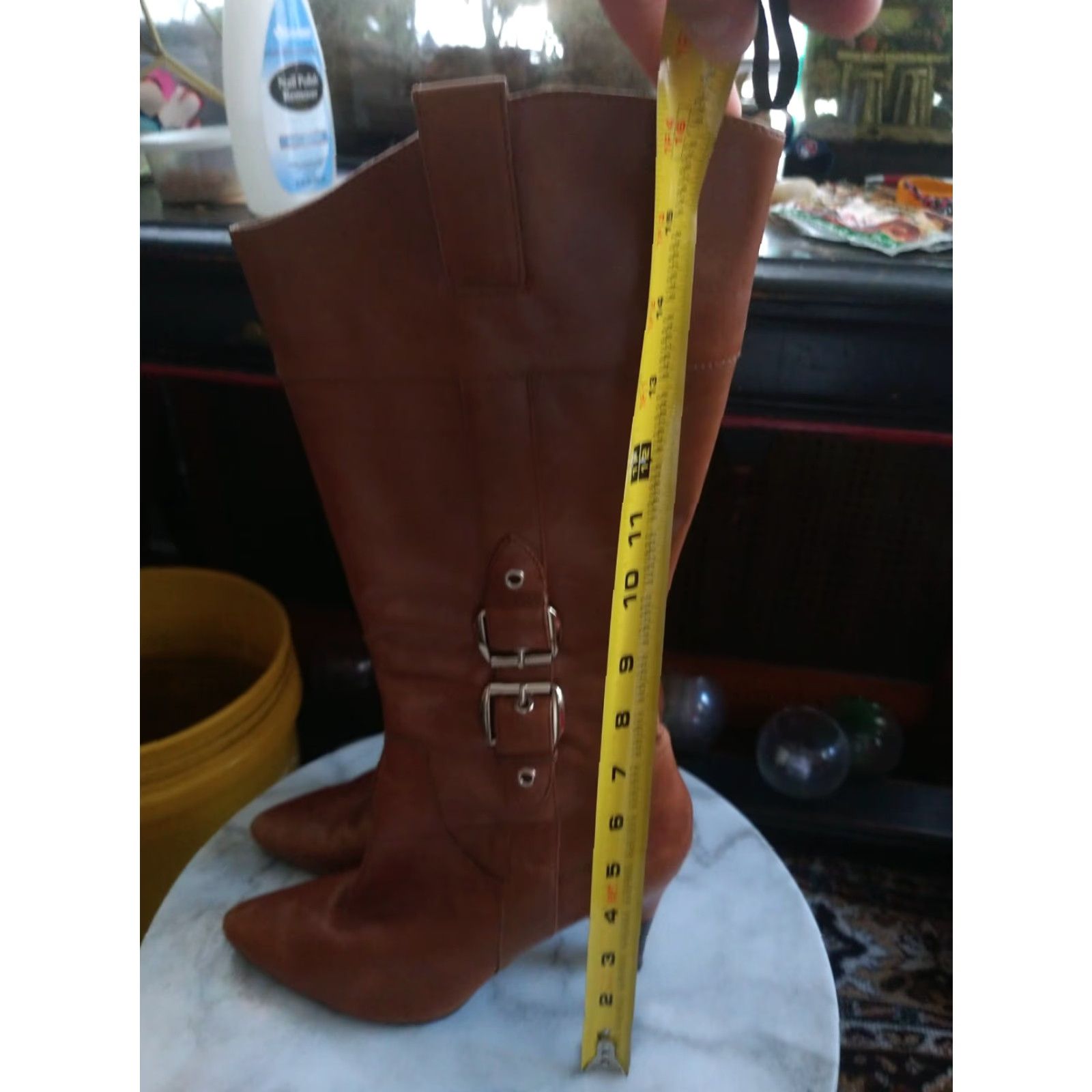 Vintage Via Spiga Boots Zip Light Use Ladies Tall Leather Beige 8m Buckle Heel Scuffed Back Toe Scuffs Womens Size US 8 / IT 38 - 2 Thumbnail
