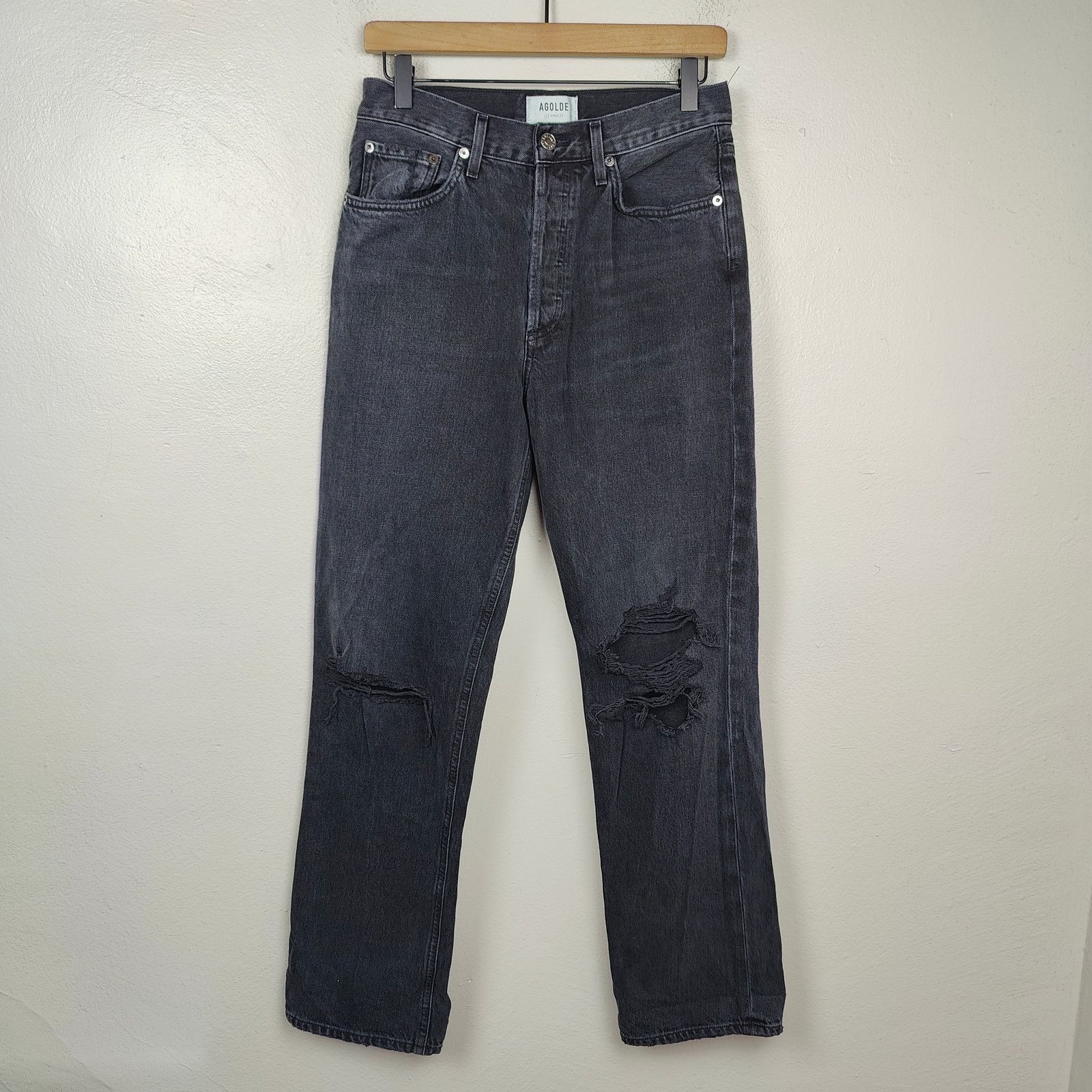 Agolde Agolde Lana Jean Womens 27 Straight Leg Black Knee Rip Size 27" / US 4 / IT 40 - 1 Thumbnail