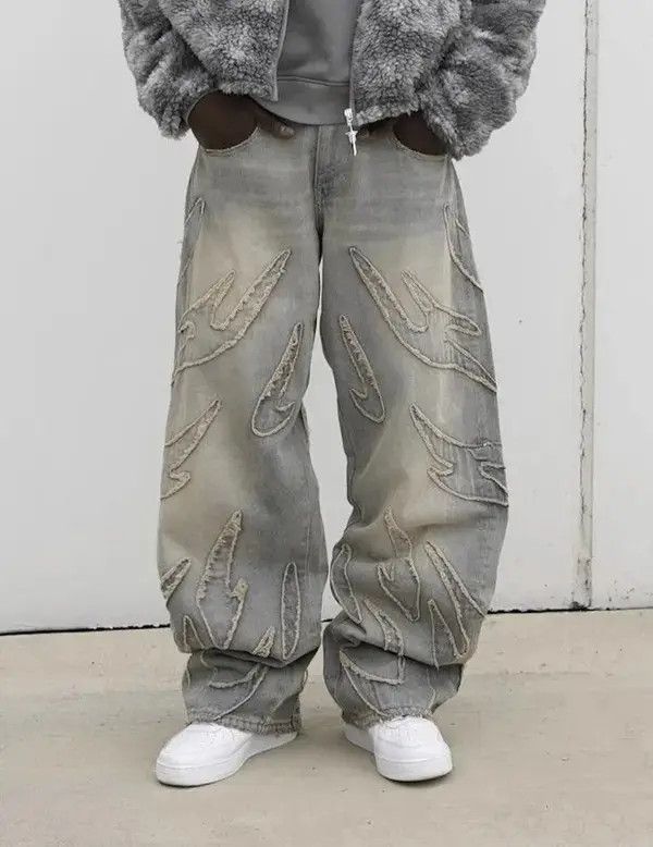 Designer × Japanese Brand × Jean Retro Raw Edge Embroidery Baggy Jeans Size US 32 / EU 48 - 1 Thumbnail