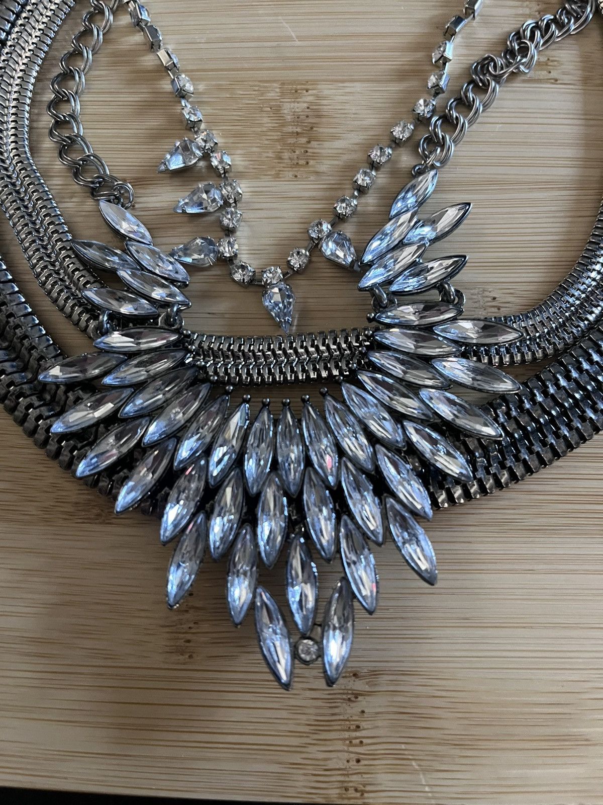Other Chunky Silver Crystal Marquise Bib Necklace Multi Chain Size ONE SIZE - 2 Thumbnail