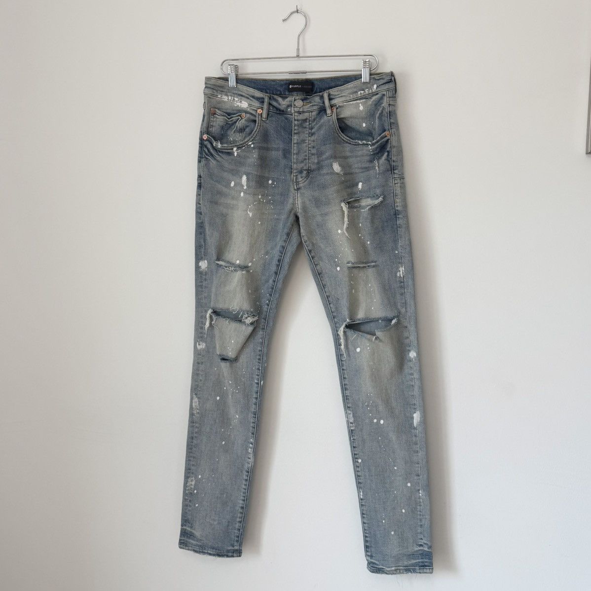 Purple Brand Purple Brand P001 Light Indigo Paint Blowout Distress Jeans Size US 34 / EU 50 - 1 Thumbnail