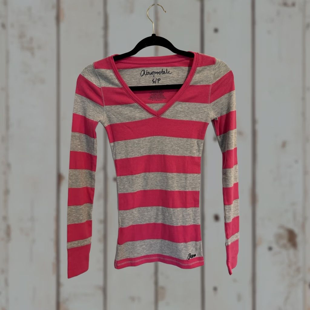 VINTAGE Aeropostale Y2K T-Shirt Long Sleeve Striped V-Neck Pink Gray S Small Womens Retro 90s Preppy