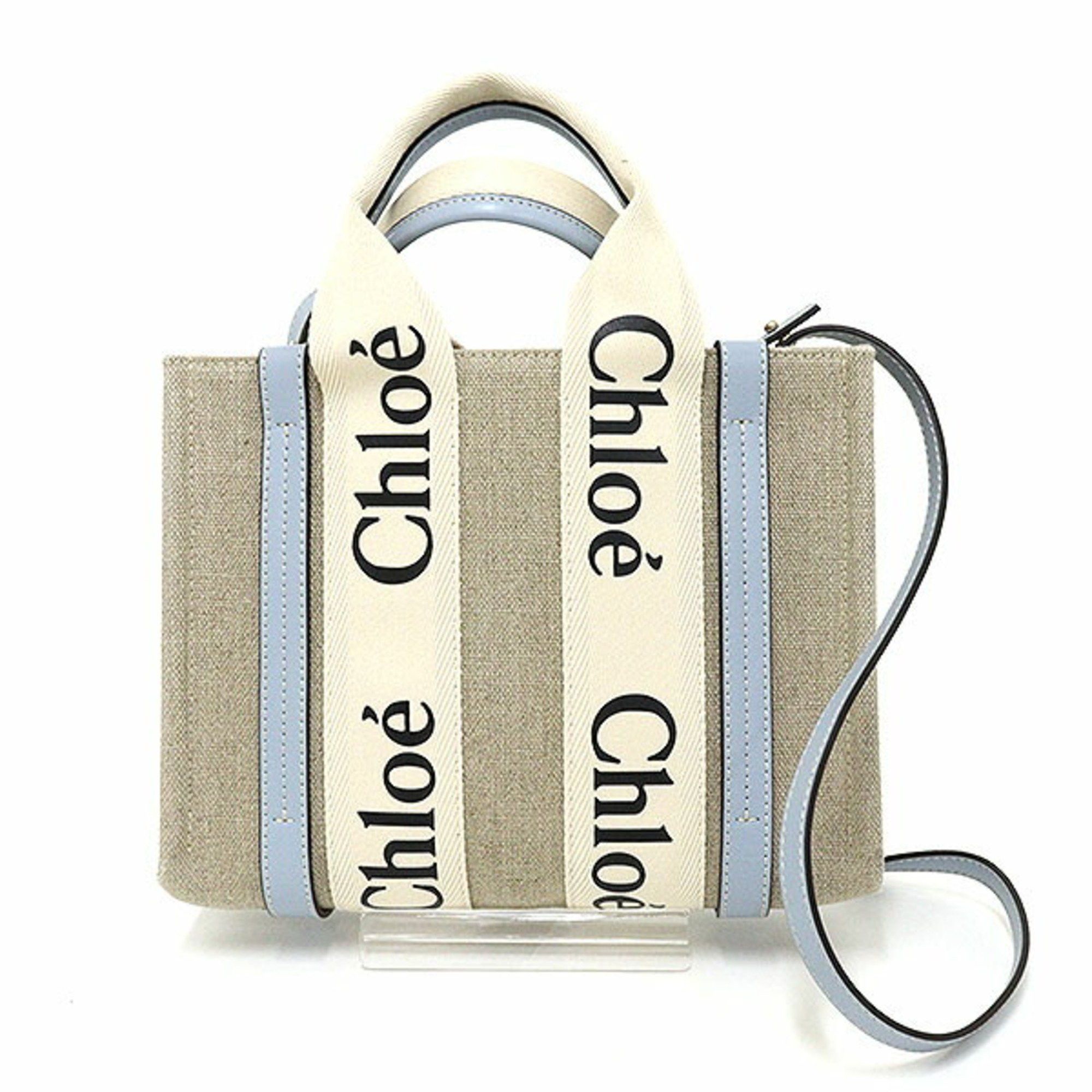Chloe Chloé Chloe WOODY Small Tote Bag White/Blue Linen Canvas/Calf 3WAY Size ONE SIZE - 1 Thumbnail